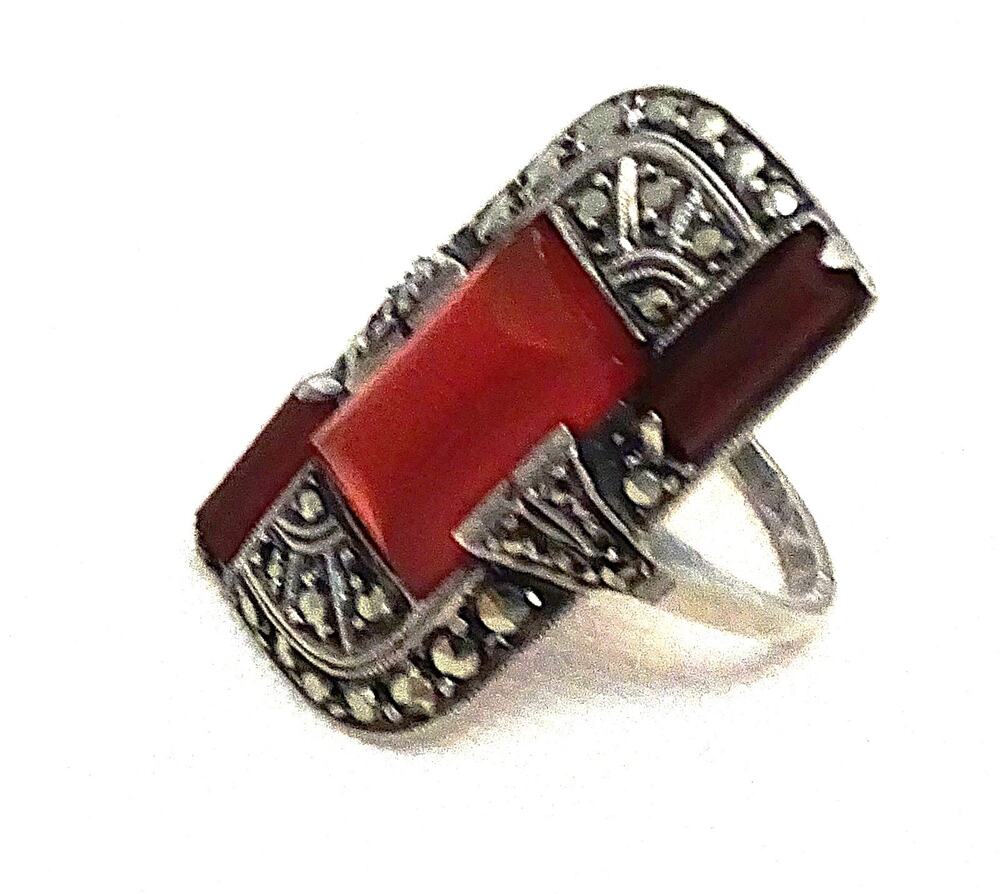 Antique Art Deco German Sterling Silver Carnelian Marcasite Ring Size 6